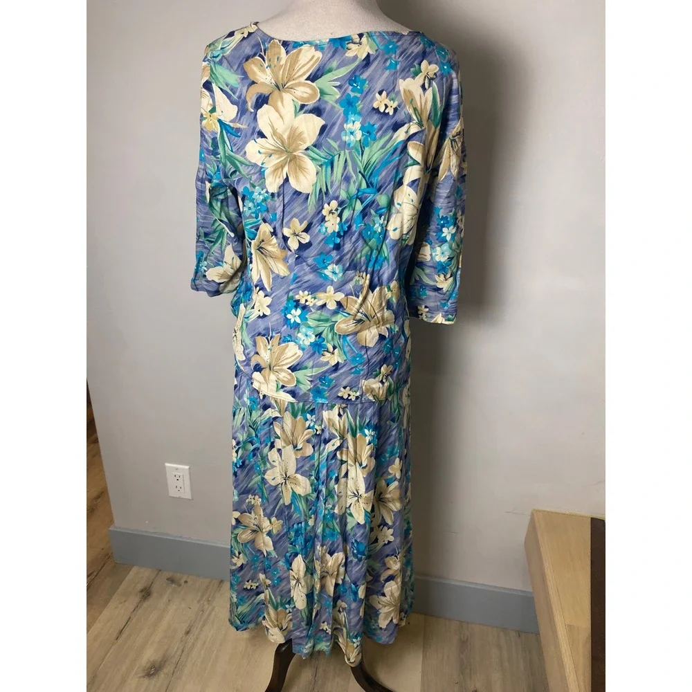 Lesley Fay Vintage 90s 2 Piece Set Floral Tropical Blue Tunic Top Maxi Skirt - Picture 5 of 9